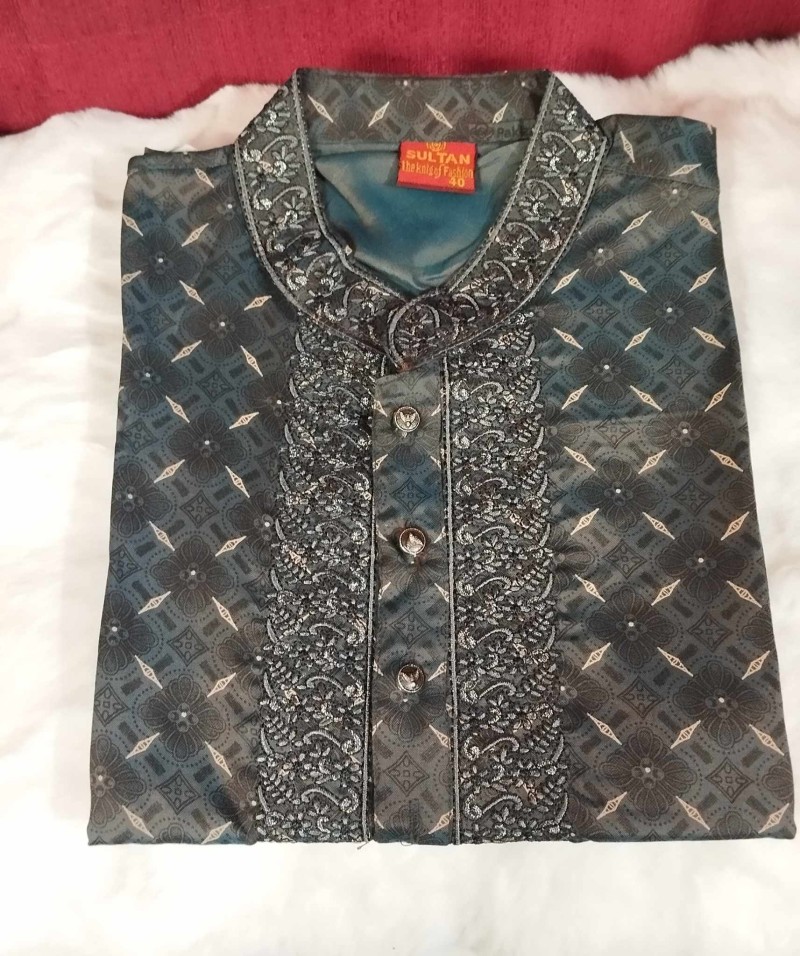 Brand Punjabi Men's Premium Quality Semi-Long - Cot-work Embroidery Design - Herringbone Cotton Fabric B