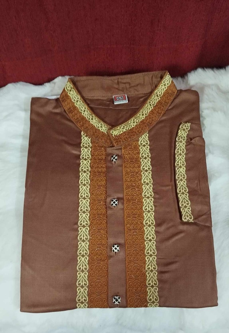 Brand Punjabi Men's Premium Quality Semi-Long - Cot-work Embroidery Design - Herringbone Cotton Fabric A