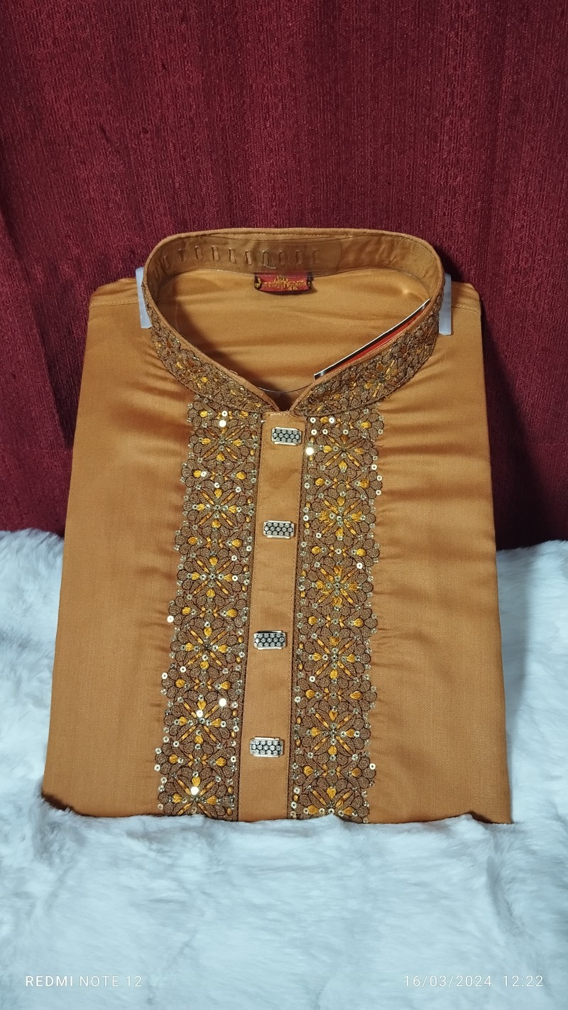 Punjabi Men's Premium Quality Semi-Long - Cot-work Embroidery Design -Cotton Indian Fabrics Panjabi