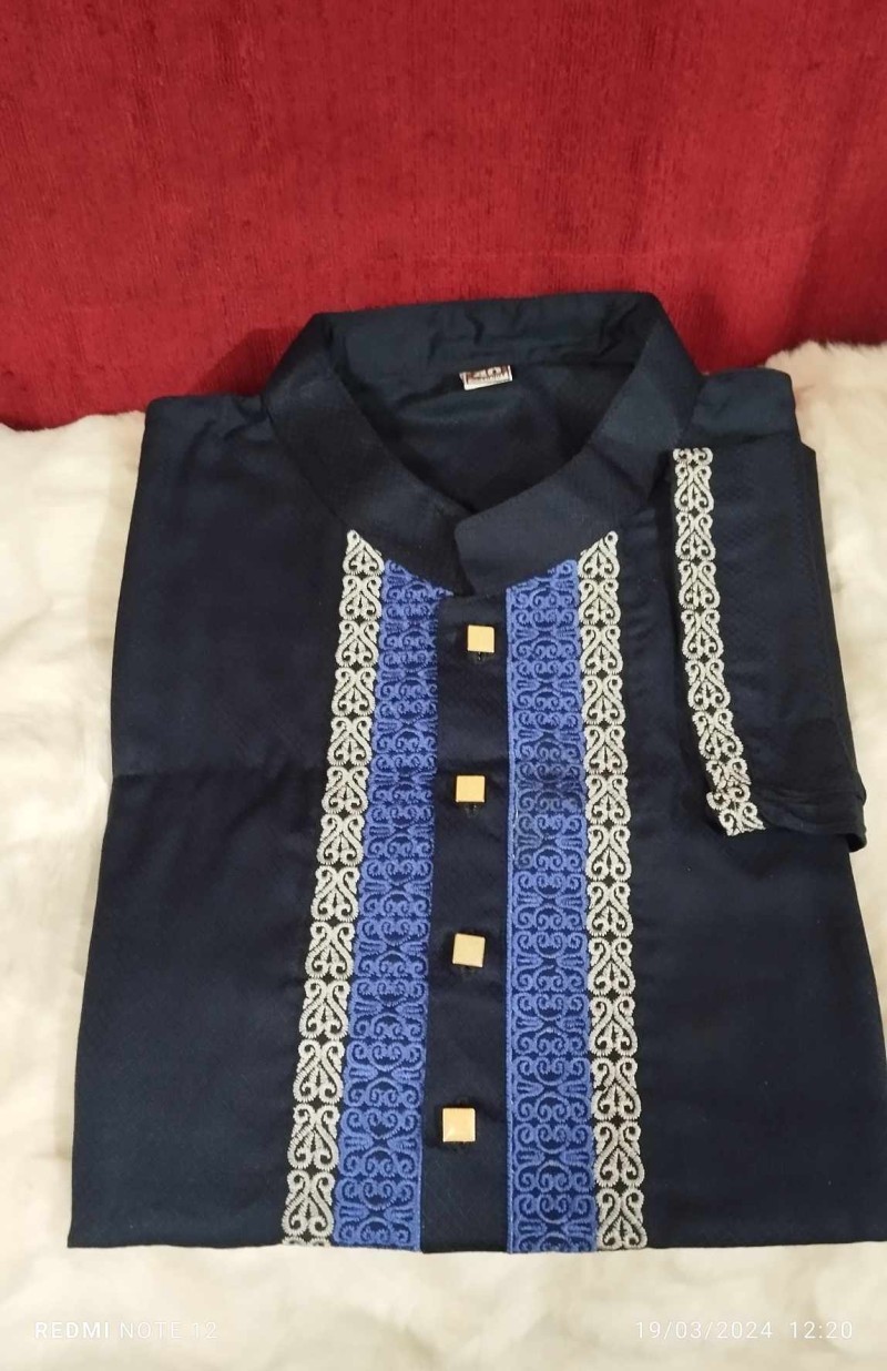 Brand Punjabi Men's Premium Quality Semi-Long - Cot-work Embroidery Design - Herringbone Cotton Fabric c