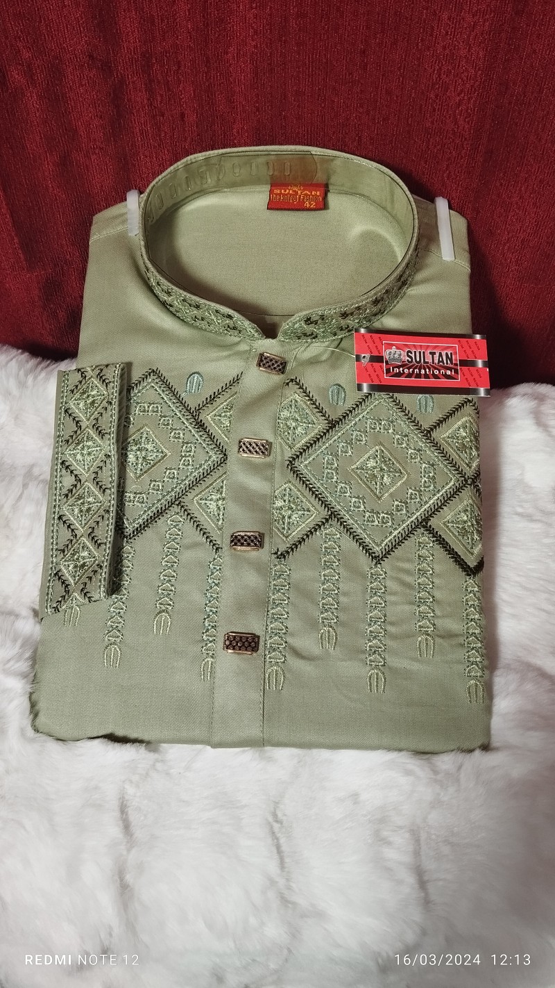 Punjabi Men's Premium Quality Semi-Long - Cot-work Embroidery Design -Cotton Indian Fabrics Panjabi