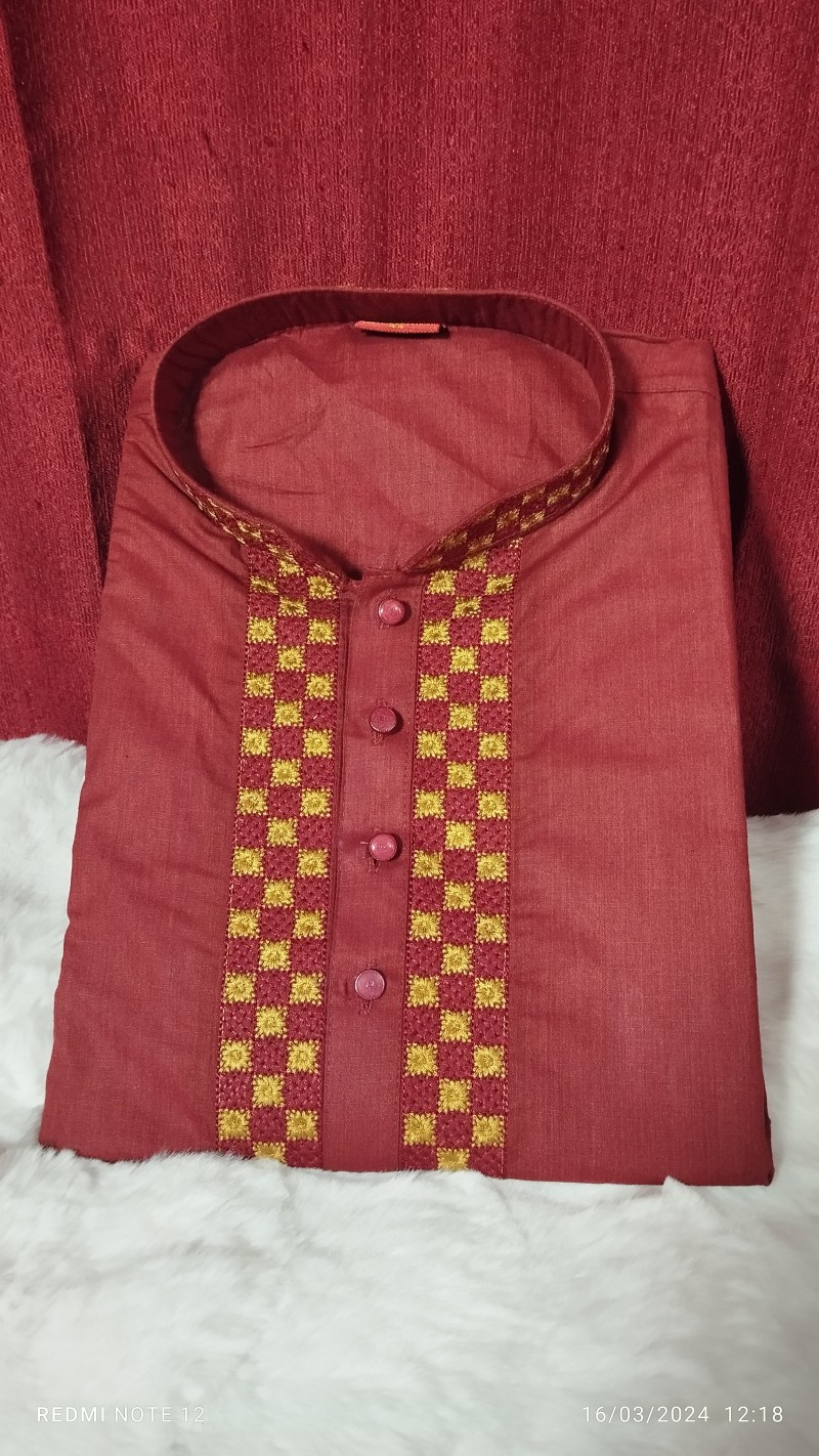 Punjabi Men's Premium Quality Semi-Long - Cot-work Embroidery Design -Cotton Indian Fabrics Panjabi - d