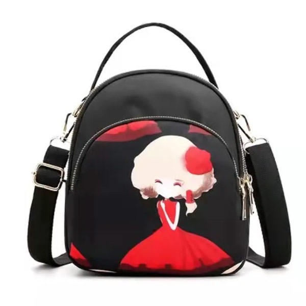 New Trendy Fashion Printing Mini Backpack For Women, Large Capacity Nylon Rucksack Multilayer Crossbody & Shoulder School Bags For Girls, Waterproof Travel Ladies Bags - School Bag For Girls